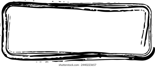 Marco rectángulo curvado elemento de textura alargada, borde de contorno grunge forma icono, garabato decorativo para el diseño en ilustración vectorial
