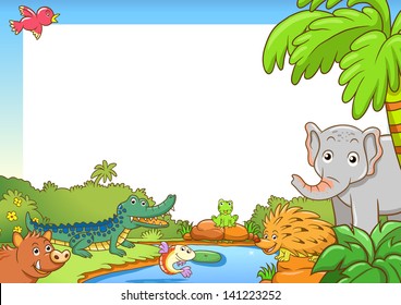 Frame with cute animals , EPS 10 simple Gradients, no Effects, no mesh, no Transparencies.All in separate group for easy editing.