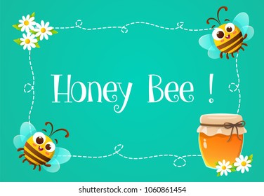 Frame with cute bees, honey jar and daisies on blue green background.
Vector illustration.