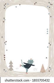  Frame with cute cat ice skating. Frame for an invitation, baby photo album, postcard, or notebook. Pastel colors, vector children's illustration.