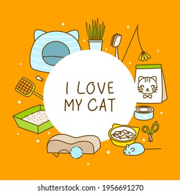 Frame with of cute cat items on orange background- cartoon objects for happy pet design