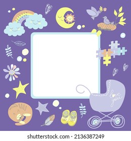 Frame With Cute Children's Items. Cartoon Doodle Newborn's Clipart For Baby Photo Album, Invitation Card, Children's Room Decor, Vector Sun, Moon, Rainbow, Stars, Birds, Flowers, Leaves, Hearts, Cat.