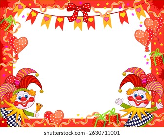 Frame with cute clowns for birthday greetings, festival celebration or circus performance. Background with place for text for happy children holiday or party. Flat hand drawn vector illustration.