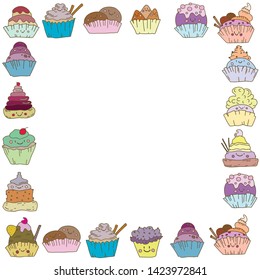 Frame with cute cupcakes with faces. Vector design.