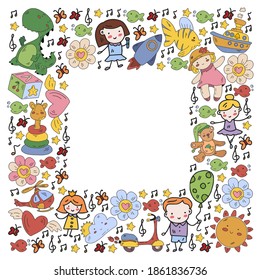 Frame with cute doodle drawing of happy kids and precepts to celebrate Children's Day. Kindergarten children.