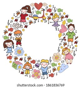 Frame with cute doodle drawing of happy kids and precepts to celebrate Children's Day. Kindergarten children.