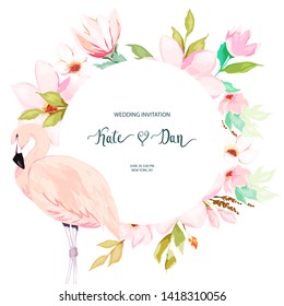 Frame with cute flamingo and flowers. Vector summer illustration. Watercolor style 
