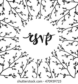 Frame of cute floral elements: twig and rsvp lettering. Sketch for floral rustic eco decoration autumn celebration, greeting card or banner. Hand drawn symbols on white backdrop.