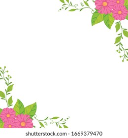 frame of cute flowers with leafs isolated icon vector illustration design