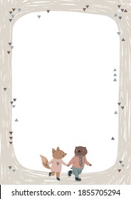  Frame with cute fox and bear friends ice skating. Frame for an invitation, baby photo album, postcard, or notebook. Pastel colors, vector children's illustration.