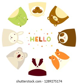Frame with cute funny inquisitive cartoon animals looking out and inscription hello. EPS8 