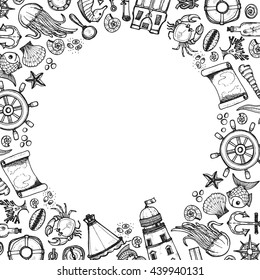 Frame with cute hand drawn elements of marine theme including anchors, fish, shells and others. Hand drawn marine collection
