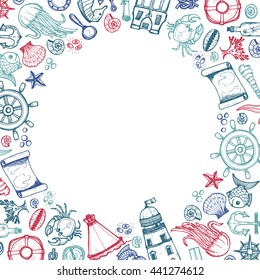 Frame with cute hand drawn elements of marine theme including anchors, fish, shells and others. Hand drawn marine collection