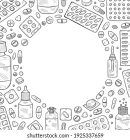 Frame with cute hand drawn pills icons. Vector medical collection	