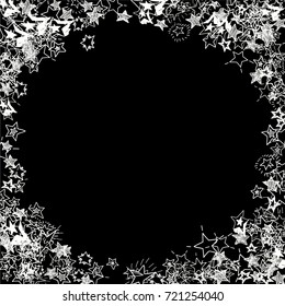 Frame with Cute hand drawn white doodle stars on black background. Vector illustration for print, textile, paper