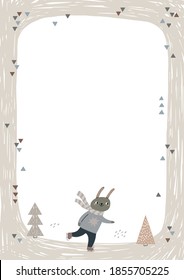  Frame with cute hare ice skating. Frame for an invitation, baby photo album, postcard, or notebook. Pastel colors, vector children's illustration.