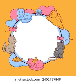 Frame with cute kawaii cats. Fun animal illustration.