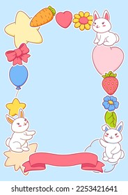 Frame with cute kawaii little bunnies. Funny characters and decorations in cartoon style.