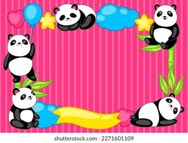 Frame with cute kawaii little pandas. Funny characters and decorations in cartoon style.