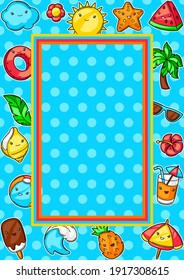 Frame with cute kawaii summer items. Vacation and beach funny character.