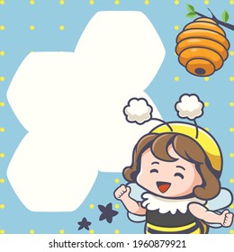 Frame of cute little bee girl and honeycomb. There is a space for taking notes or writing down messages. Kawaii style design. This design can decoration for print or digital media.