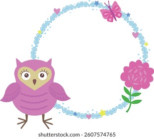 A frame with cute owls, butterflies and flowers. Cute vector postcard, hand-drawn frame with cartoon owls, butterflies and flowers.