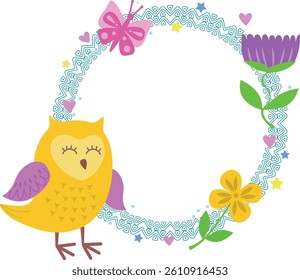 A frame with cute owls, butterflies and flowers. Cute vector postcard, hand-drawn frame with cartoon owls, butterflies and flowers.