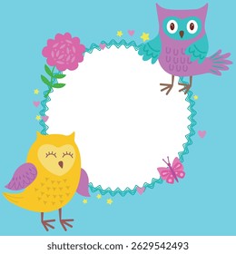 A frame with cute owls, butterflies and flowers. Cute vector postcard, hand-drawn frame with cartoon owls, butterflies and flowers. Vector illustration