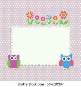 Frame with cute owls and flowers. Vector illustration