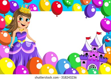 Frame with cute princess fairy castle and balloons