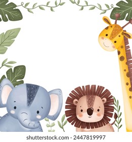 Frame of Cute Safari Animals and Tropical Leaves