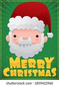 Frame with cute Santa Claus face, shiny greeting message in golden typography and glows.