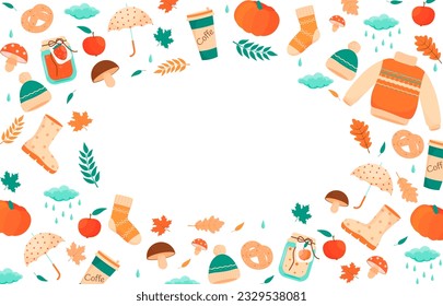Frame cute seasonal elements autumn. Horizontal banner template. Hello autumn. Concept for websites and promotional materials. Sale, leaflets, advertising. Vector illustration