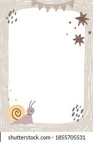  Frame with cute snail. Frame for an invitation, baby photo album, postcard, or notebook. Pastel colors, vector children's illustration.