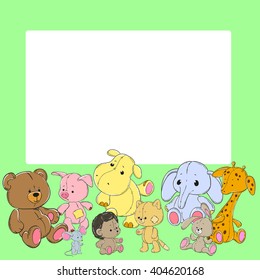 Frame with cute toy animals. Space for your text. The elephant, the hedgehog, giraffe, cat, bear, mouse, pig, rabbit, hippo.