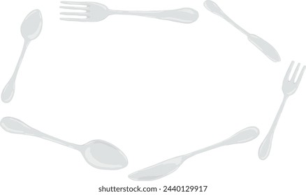 Frame of cutlery illustration. Silverware fork knife spoon isolated on white background, stainless steel tableware.  Hand drawn illustration vector.