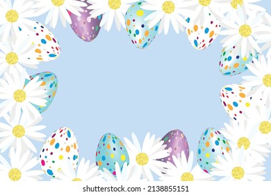 Frame of daisies and easter eggs on blue background with copy space special promotions and sales