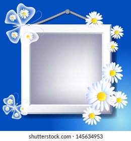 Frame, daisy and transparent butterfly