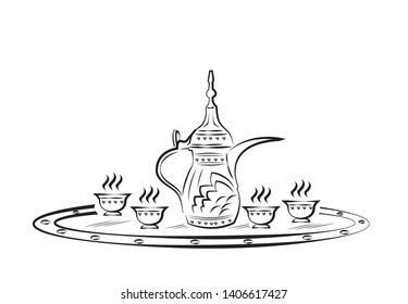 Frame with Dallah traditional Middle Eastern coffee container and cup  outline art. Editable Clip Art.