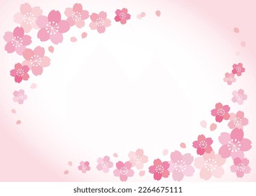 Ein Rahmen mit tanzenden Kirschblüten auf rotem Farbverlauf-Hintergrund. Text kann hinzugefügt werden, sodass er als Hintergrund für Karten oder Titel verwendet werden kann.
