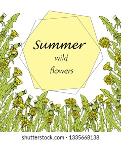 frame of dandelions on a white background with space for text