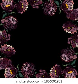 Frame of dark violet flowers, black background, cartoon style, blooming, leaves, border, text area, text space, advertising, postcard, card, invite, invitation, poster, banner, congratulation, square