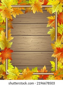 Frame with decor from autumn leaves.Vector illustration with autumn leaves and a frame on a wooden background.