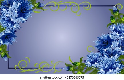 Frame with decor of cornflowers. Vector illustration with bouquets of cornflowers in the decor of the frame on a colored background.