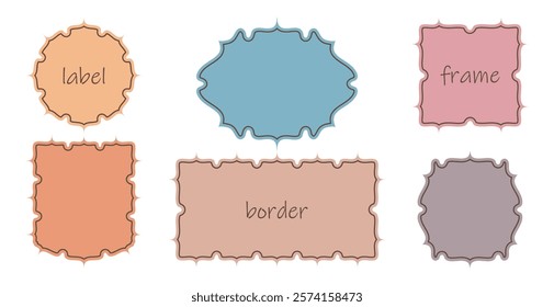 Frame decor, cute colorful border Set. Doodle cartoon style design, wave line contour stroke, pastel tone color. Circle wreath, square, rectangle geometric shape. Empty text space. Vector illustration