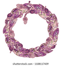 Frame decor element in a shape of a circle in vector graphic with feathers in tribal ornamental style in pink and purple pastel colors