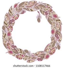 Frame decor element in a shape of a circle in vector graphic with feathers in tribal ornamental style in pink and brown pastel colors