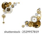 Frame decorated with antique clock, brass gears and keys design on white background. Steampunk style.