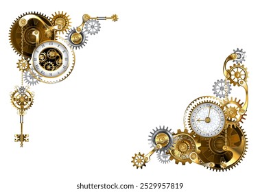 Frame decorated with antique clock, brass gears and keys design on white background. Steampunk style.