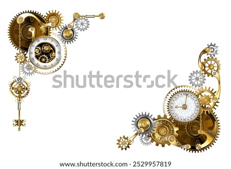 Frame decorated with antique clock, brass gears and keys design on white background. Steampunk style.